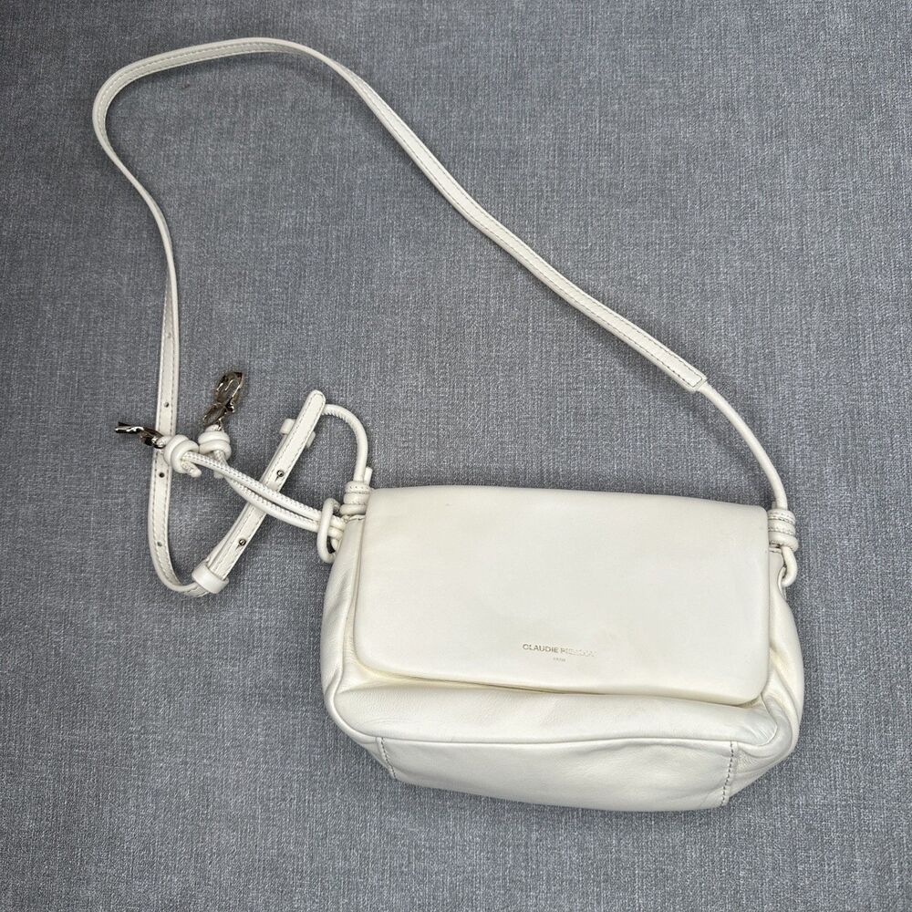 Claudie Pierlot Off-White Cream Leather Crossbody Flap Shoulder Bag Knot Detail